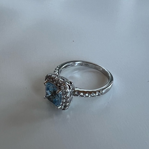 Aquamarine Cushion Cut Haloed Cubic Zirconia Ring Sterling Silver Setting - Picture 3 of 8